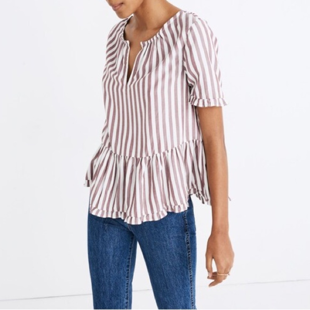 Madewell Stanza Ruffle Hem Top Small Striped Short Sleeve Peplum Preppy Cottage